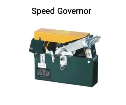 Compact elevator speed governor unit with green housing, yellow cover and calibration label, supplied for lift modernisation in Karachi, Lahore and Islamabad