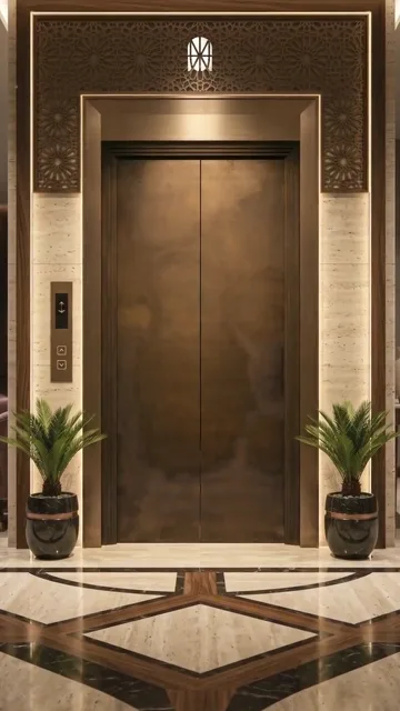 Bronze-tone elevator entrance & doors