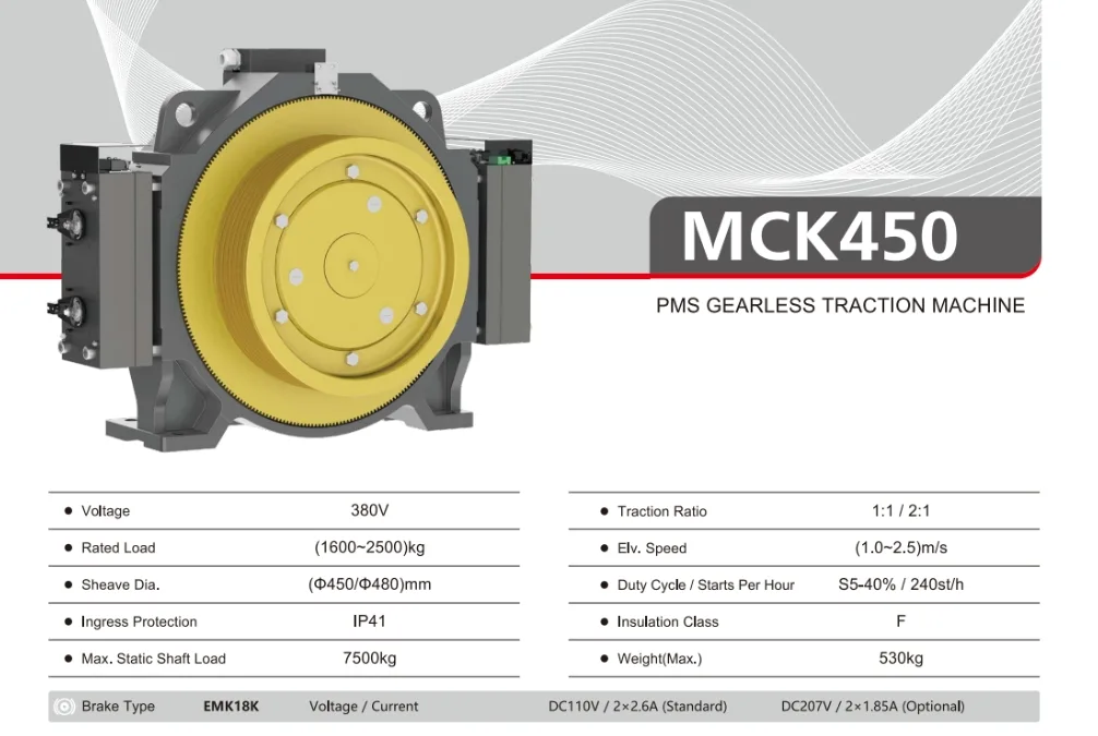 Monadrive MCK450 PMS gearless elevator traction machine — 1600–2500 kg, 7500 kg static load, 530 kg weight
