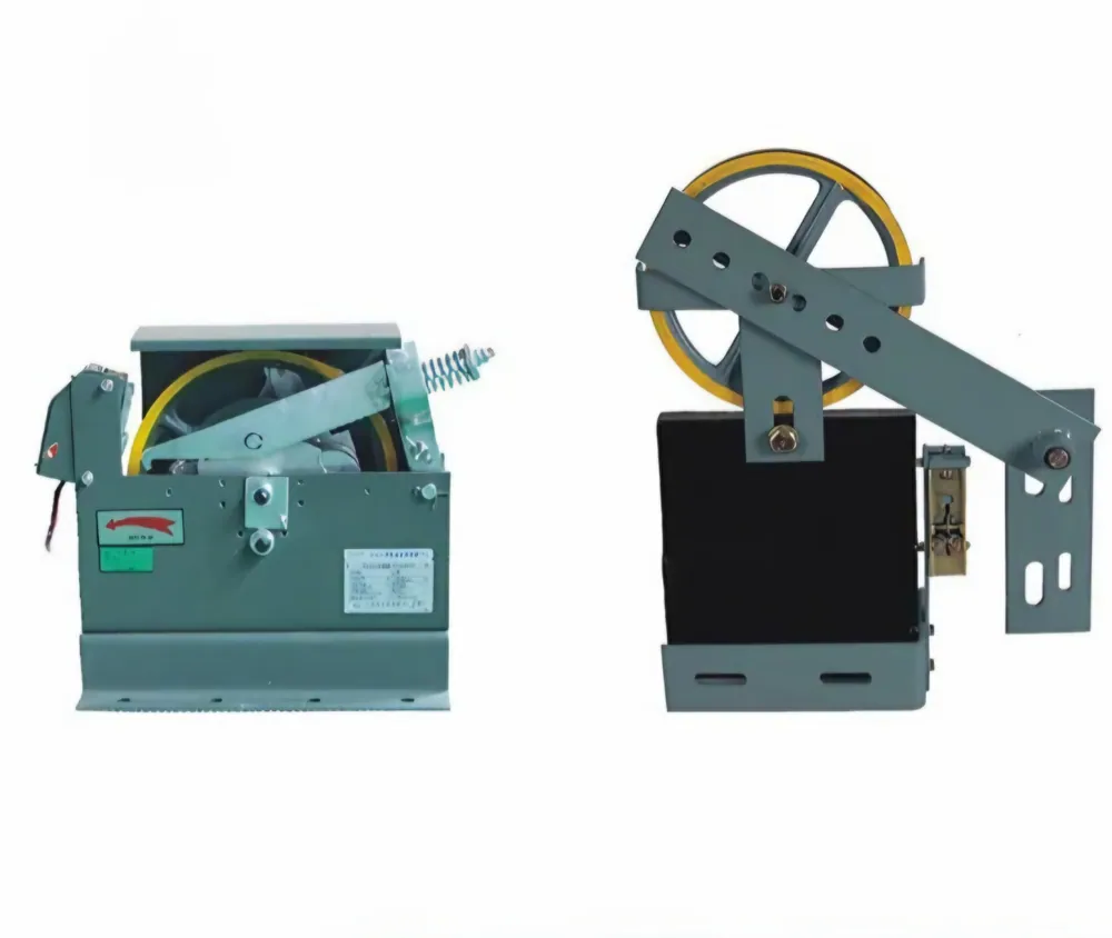 Elevator speed governor and pit-mounted governor rope tension weight assembly with yellow rope sheave and slack-rope safety switch