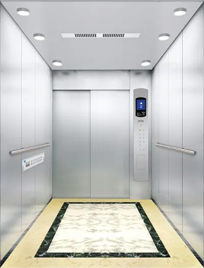 Standard hairline SUS 304 stainless passenger elevator cabin with LCD car operating panel, twin handrails and marble bordered floor