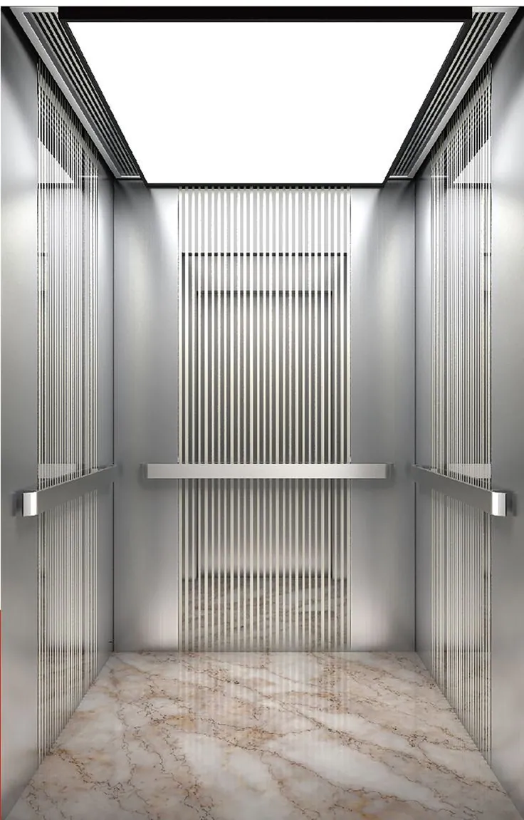 Hairline stainless elevator cabin with fluted vertical stainless wall panels, full-width flat LED ceiling and beige marble floor