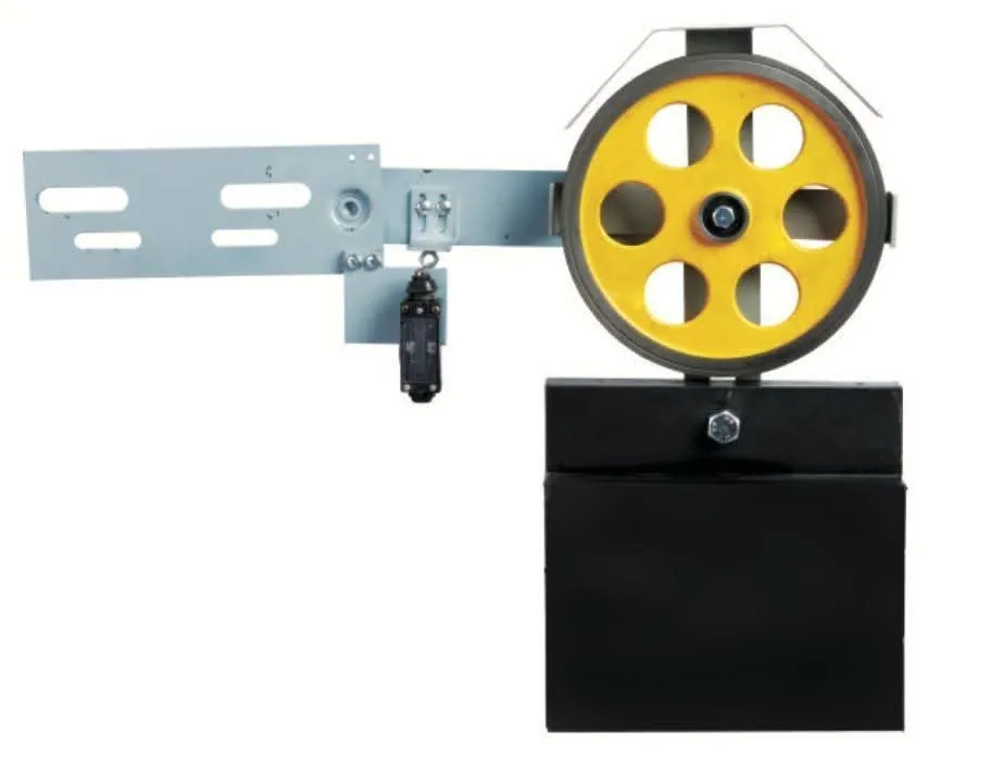 Governor rope tension weight assembly with yellow sheave, slotted mounting bracket, broken-rope limit switch and cast weight box for the elevator pit