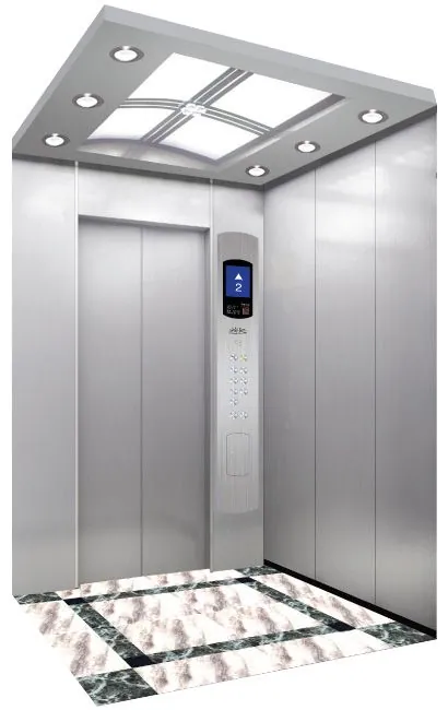 Hairline stainless passenger elevator cabin with domed translucent glass ceiling, LCD COP and marble bordered floor