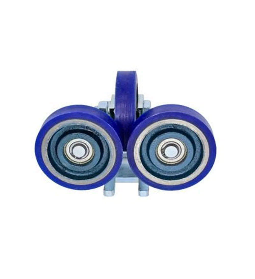Blue polyurethane-tyred roller guide shoe with two side rollers and one face roller on sealed ball bearings, used on elevator car slings running above 1.75 m/s on dry T-profile rails