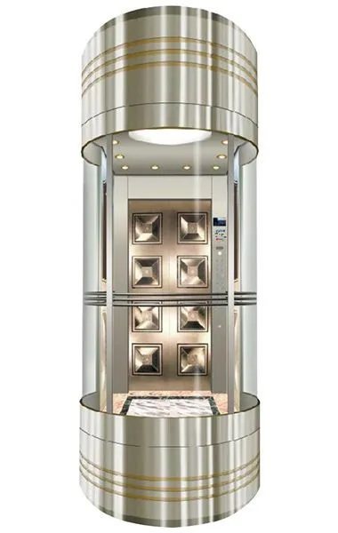 Circular capsule observation elevator cabin with curved glass and stainless crown ring