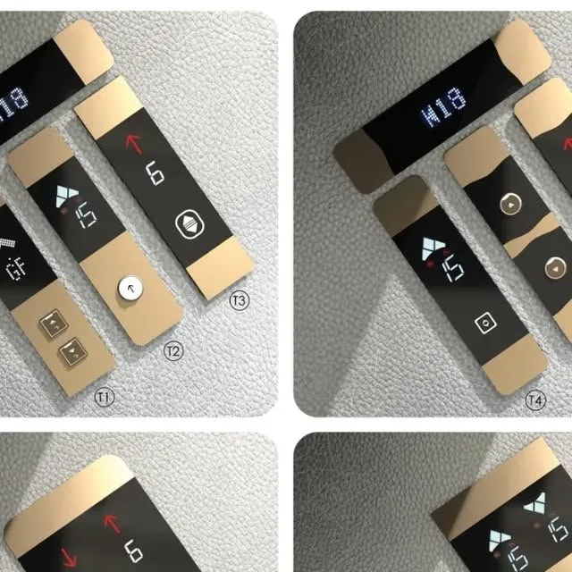 Slim gold PVD elevator landing operating panels with black glass touch surface, white LED floor display, red direction arrows and hall lantern icons
