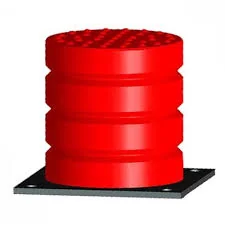 Red polyurethane elevator buffer with textured compression face on a bolted steel base plate for counterweight pit mounting
