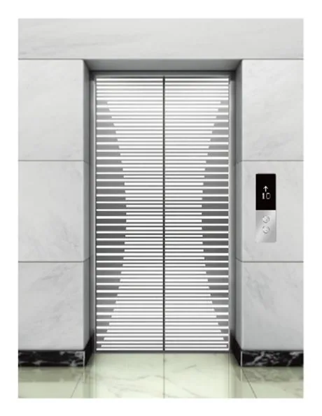 Mirror stainless elevator door with etched linear stripe gradient pattern and marble portal, Islamabad office tower finish