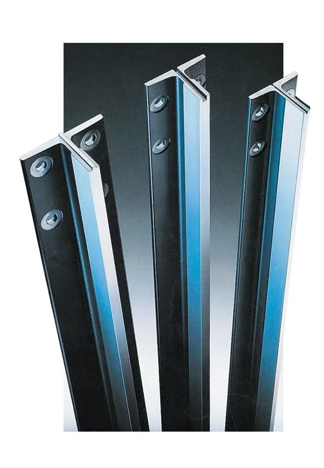 Three machined T89 and T127 elevator guide rails with polished running faces and countersunk fishplate holes for splicing in the hoistway