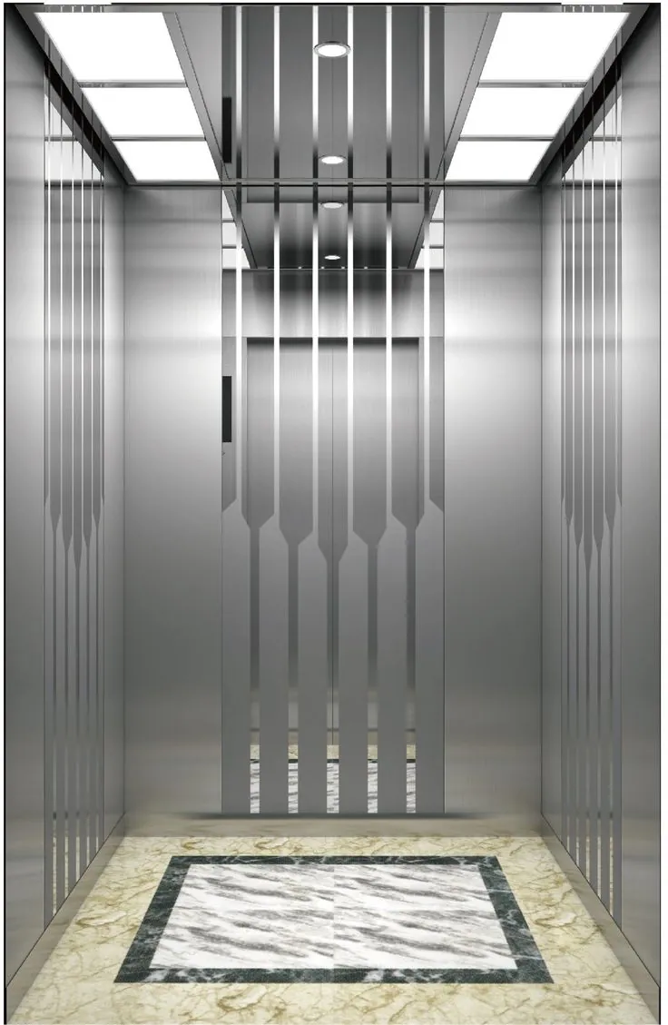 Mirror stainless elevator cabin with linear etched pinstripe panels, downlit false ceiling and marble floor inlay — Islamabad tower finish