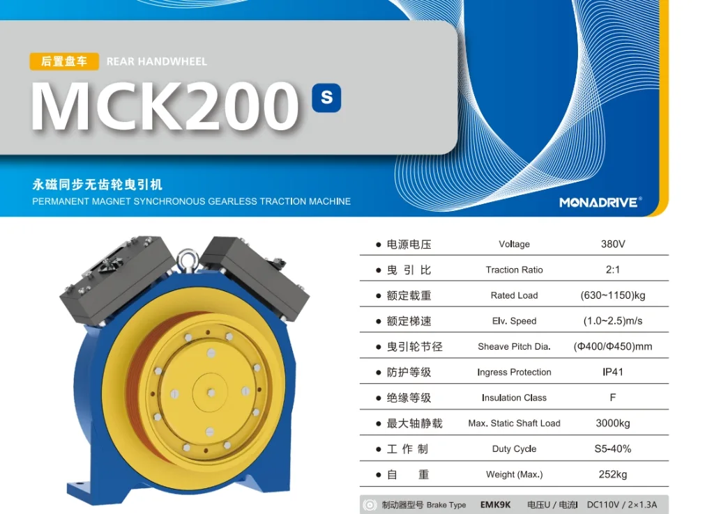 Monadrive MCK200-S rear-handwheel PMS gearless elevator traction machine — 630–1150 kg, 3000 kg static load, 252 kg