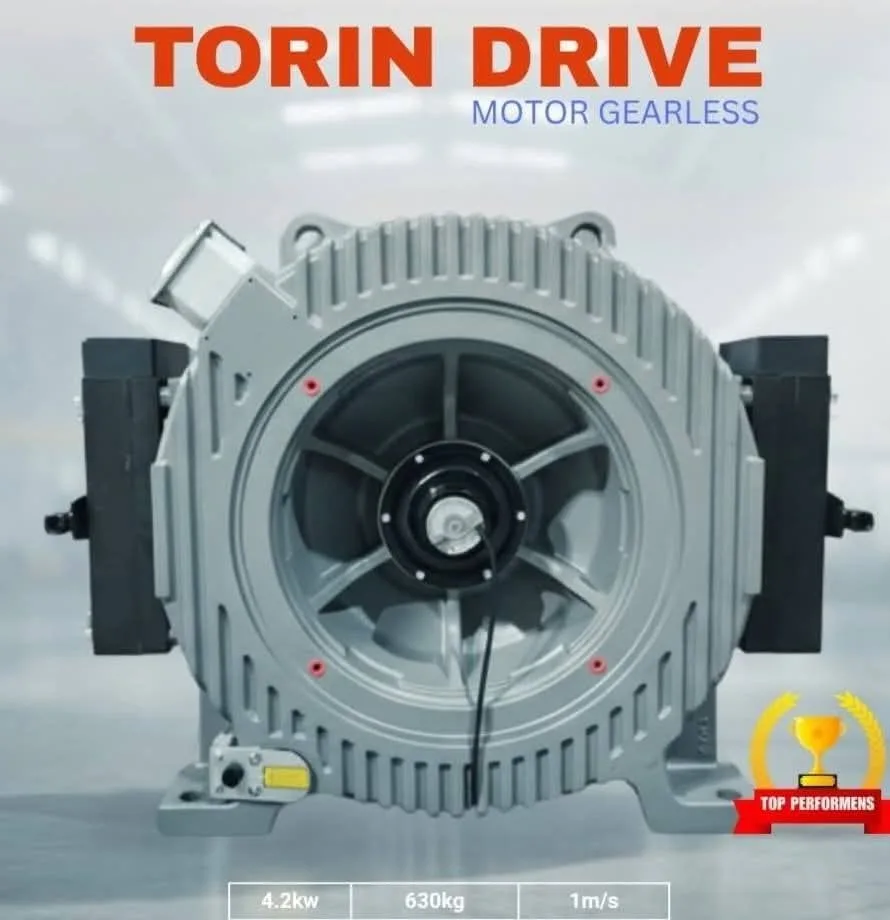 Torin Drive gearless elevator motor rated 4.2 kW, 630 KG capacity, 1.0 m/s speed