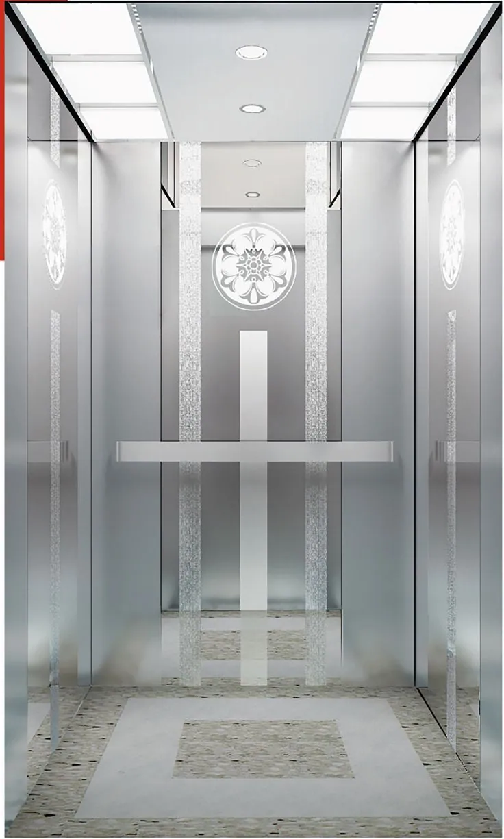 Mirror stainless elevator cabin with etched rosette medallion, sandblasted vertical bands and stone floor border