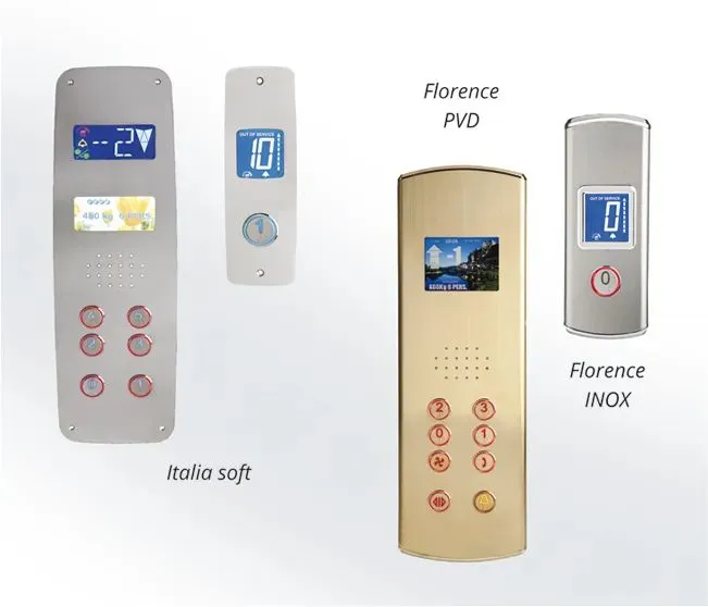 Italia Soft and Florence PVD and INOX elevator car operating panels with blue LCD position indicators, load display and round illuminated braille buttons