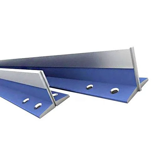 Pair of machined T-profile elevator guide rails with blue protective coating on the base flange and drilled bracket fixing holes