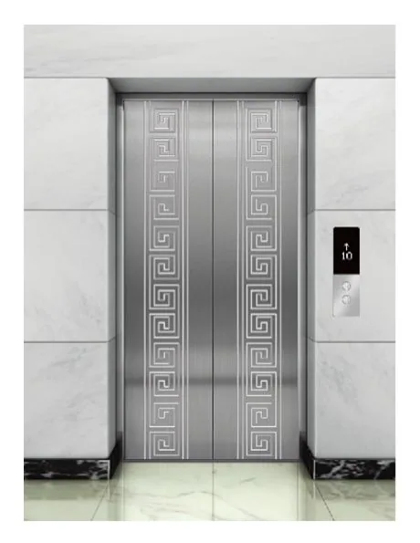 SUS 304 hairline stainless elevator door with etched Greek key border pattern and mirror stainless landing operating panel