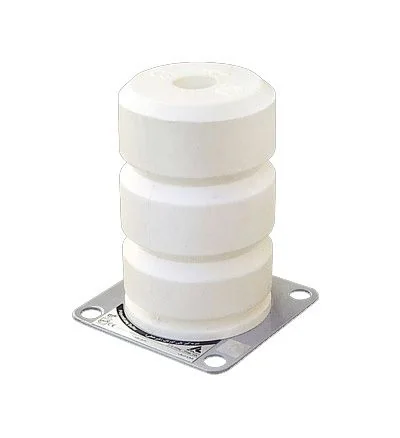 White three-stage cellular polyurethane elevator buffer cone on a perforated stainless base plate for home and low-rise lifts