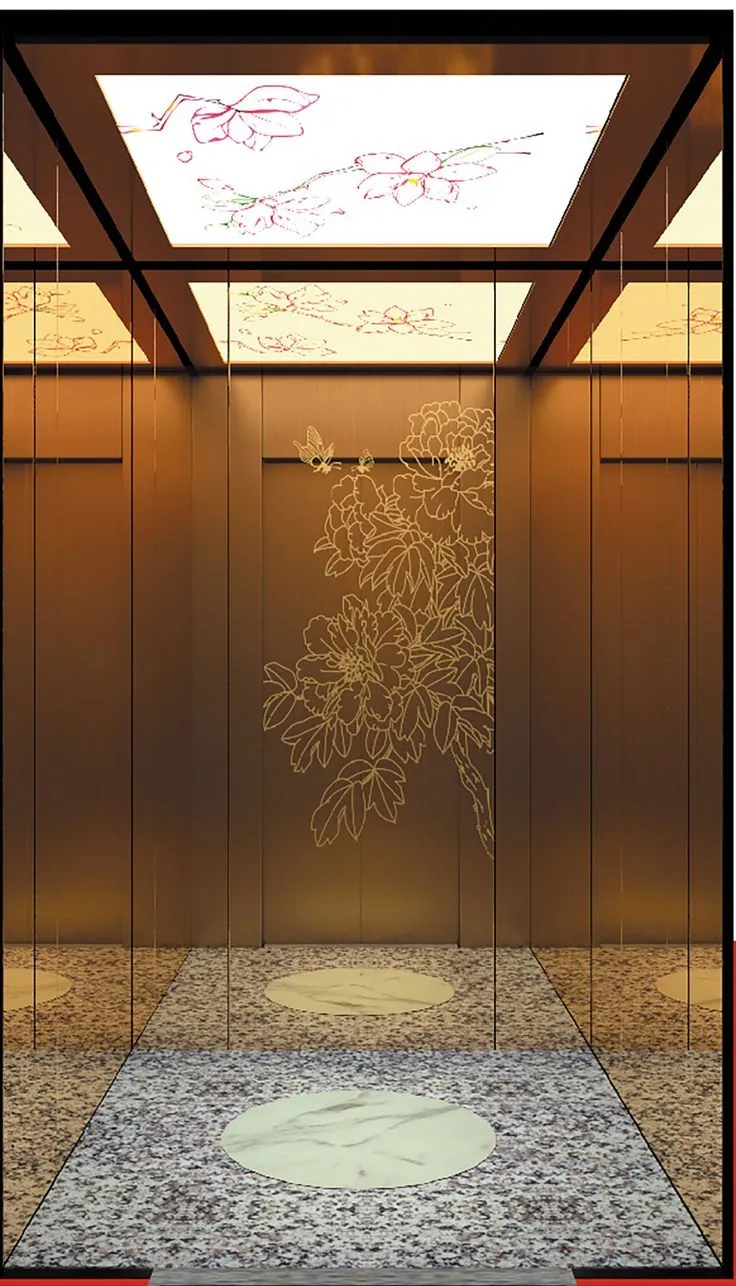 Bronze PVD stainless elevator cabin with gold etched floral wall panel, printed glass light ceiling and granite floor — Lahore project finish