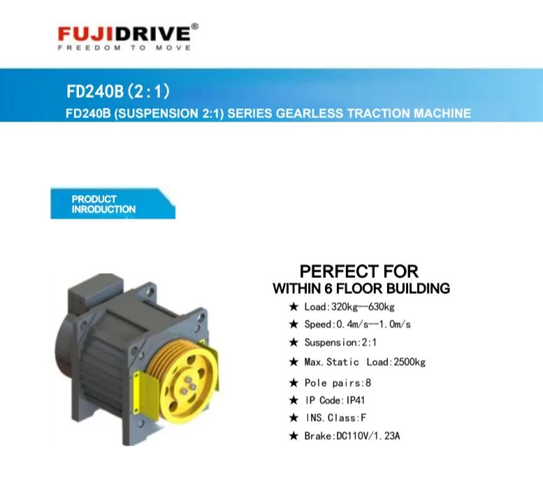 Fujidrive FD240B 2:1 gearless traction machine — 320–630 kg, 0.4–1.0 m/s, 2500 kg static load, 8 pole pairs, IP41, for 6-floor buildings