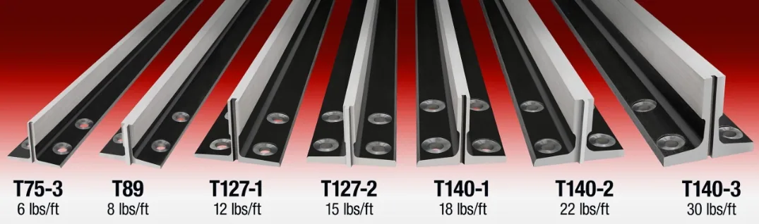 Elevator guide rail size comparison chart showing T75-3, T89, T127-1, T127-2, T140-1, T140-2 and T140-3 profiles with weight per foot from 6 to 30 lbs/ft