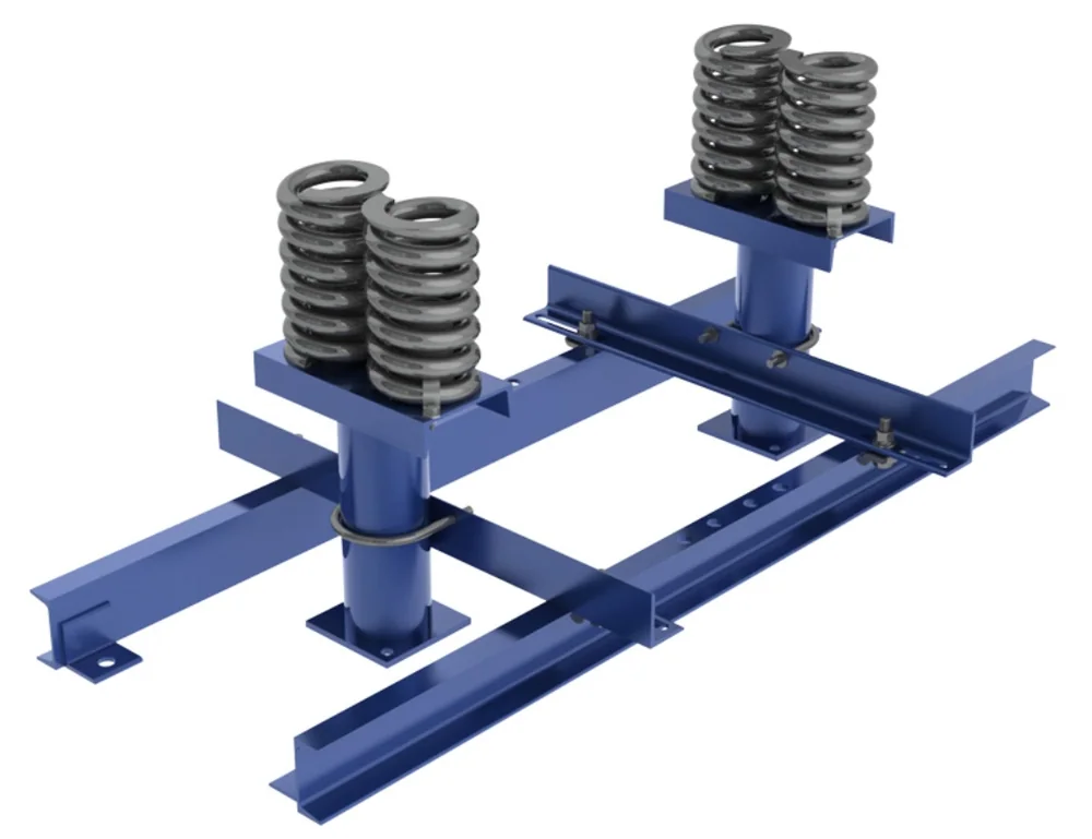 Engineering render of a twin coil-spring elevator buffer pedestal on fabricated steel pit channels, aligned to the car and counterweight strike plates