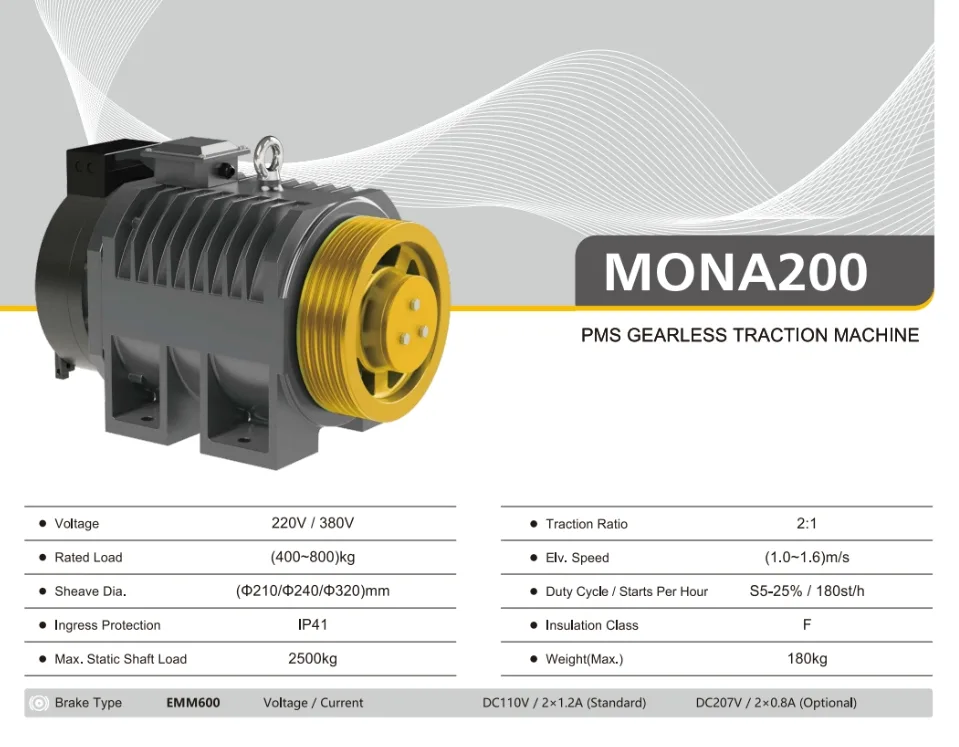 Monadrive MONA200 grey PMS gearless traction machine — 400–800 kg, Ø210/Ø240/Ø320 sheave, 1.0–1.6 m/s