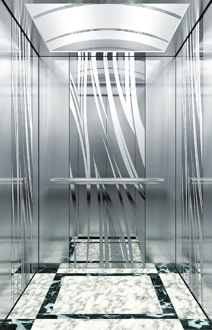Mirror stainless elevator cabin with etched ribbon pattern, curved translucent ceiling and green marble floor inlay