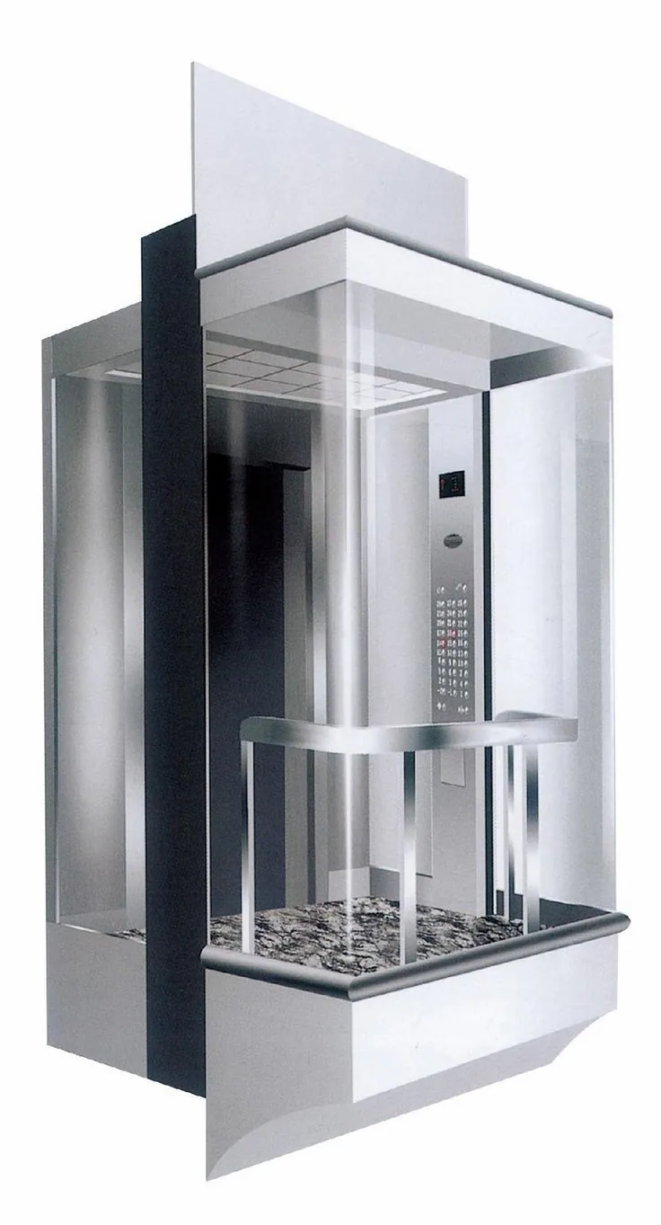 Square panoramic observation elevator cabin with glass walls, stainless handrail and stone floor