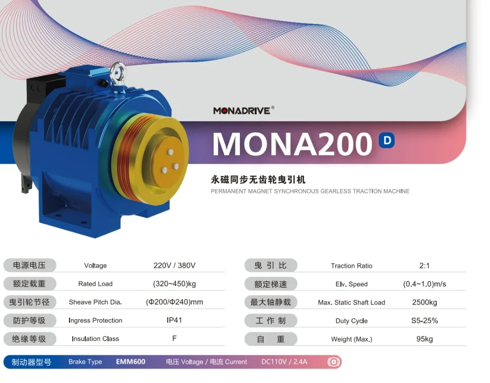 Monadrive MONA200-D compact PMS gearless elevator traction machine — 320–450 kg, Ø200/Ø240 sheave, 95 kg weight