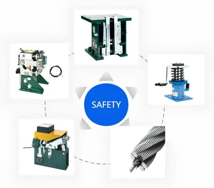 Elevator safety components: progressive safety gear, overspeed governor, oil buffer and steel wire suspension rope