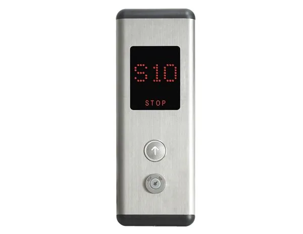 Stainless steel elevator landing operating panel with red dot-matrix position indicator, up arrow call button and key switch