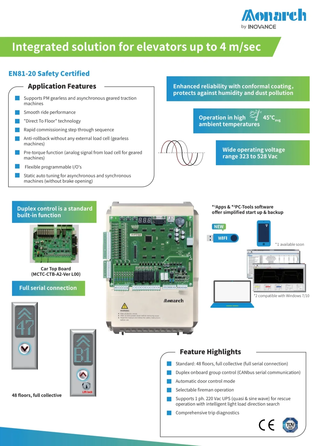 Monarch NICE 3000+ elevator control system feature overview showing VVVF drive, CANbus serial boards and ARD interface