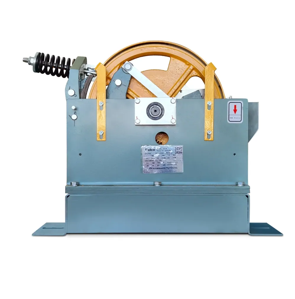 High-speed elevator overspeed governor with cast sheave, tripping arms, damping spring and stamped nameplate showing car speed and trip speed calibration