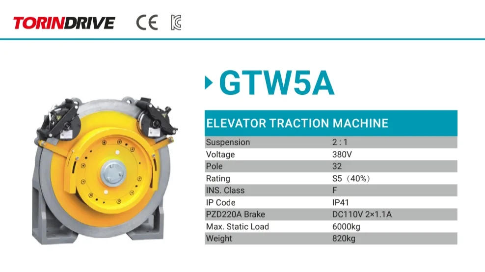 Torin Drive GTW5A gearless elevator traction machine with PZD220A brake, 6000 kg static load, 820 kg weight