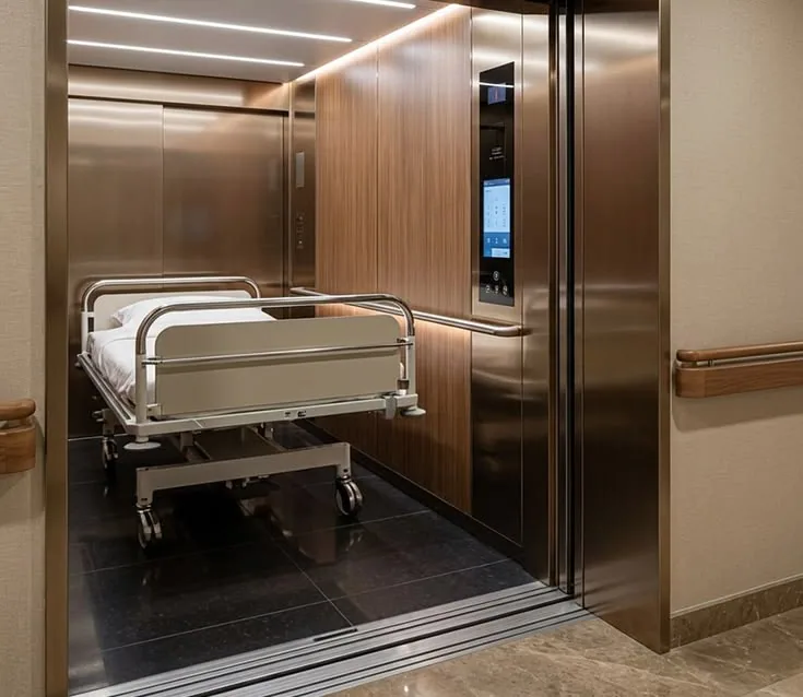 Hospital bed elevator cabin with wood-grain and bronze stainless walls, touch-screen COP and full-height bumper rail