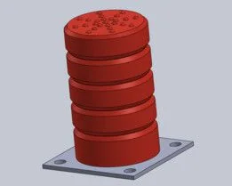 CAD render of a five-stage red polyurethane elevator buffer showing stacked compression rings and the bolted mounting base plate