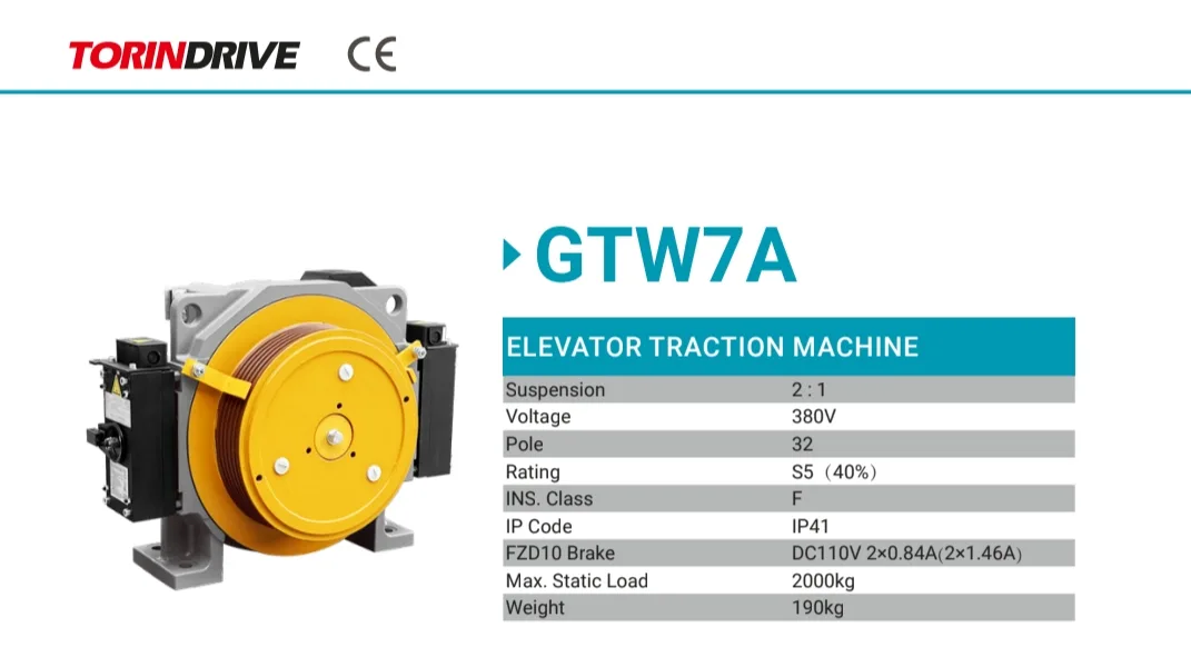 Torin Drive GTW7A gearless elevator traction machine — 2000 kg static load, 190 kg weight, FZD10 brake