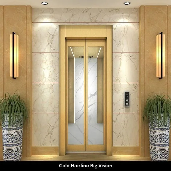 Gold hairline stainless elevator door with tall vision glass panels, LED-lit frame and marble surround for a hotel entrance lobby