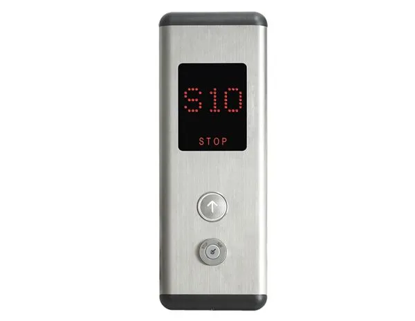 Stainless steel elevator landing operating panel with red dot-matrix floor and STOP message display, up call button and fireman key switch