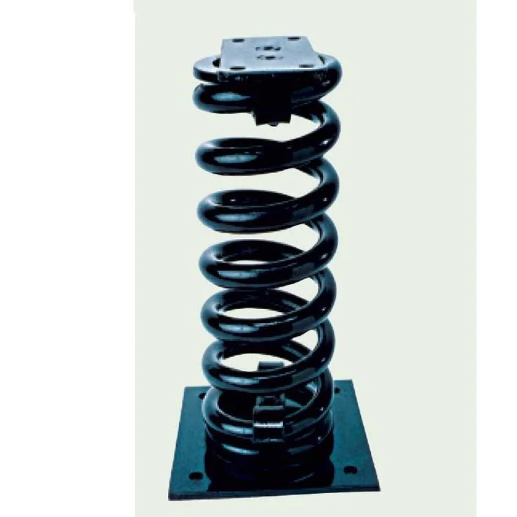 Heavy coil spring elevator buffer with bolted top striking plate and four-hole bottom base plate for pit mounting in Karachi installations