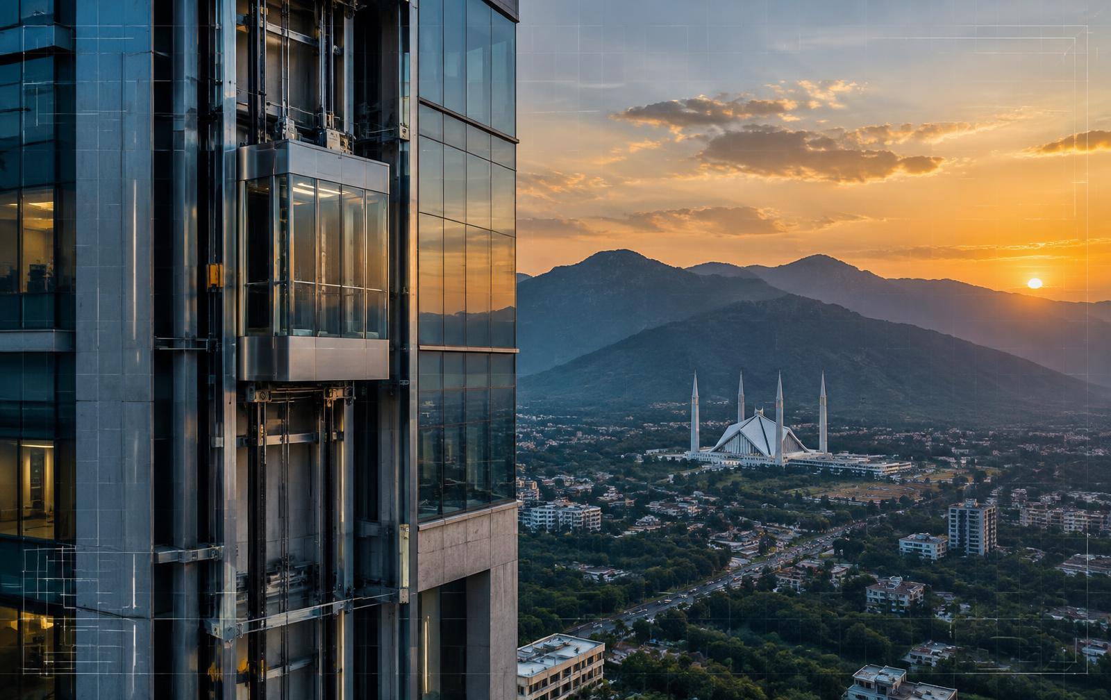 Glass panoramic elevator on an Islamabad high-rise with the Faisal Mosque and Margalla Hills at sunset — Liftech Global Elevators & Escalators