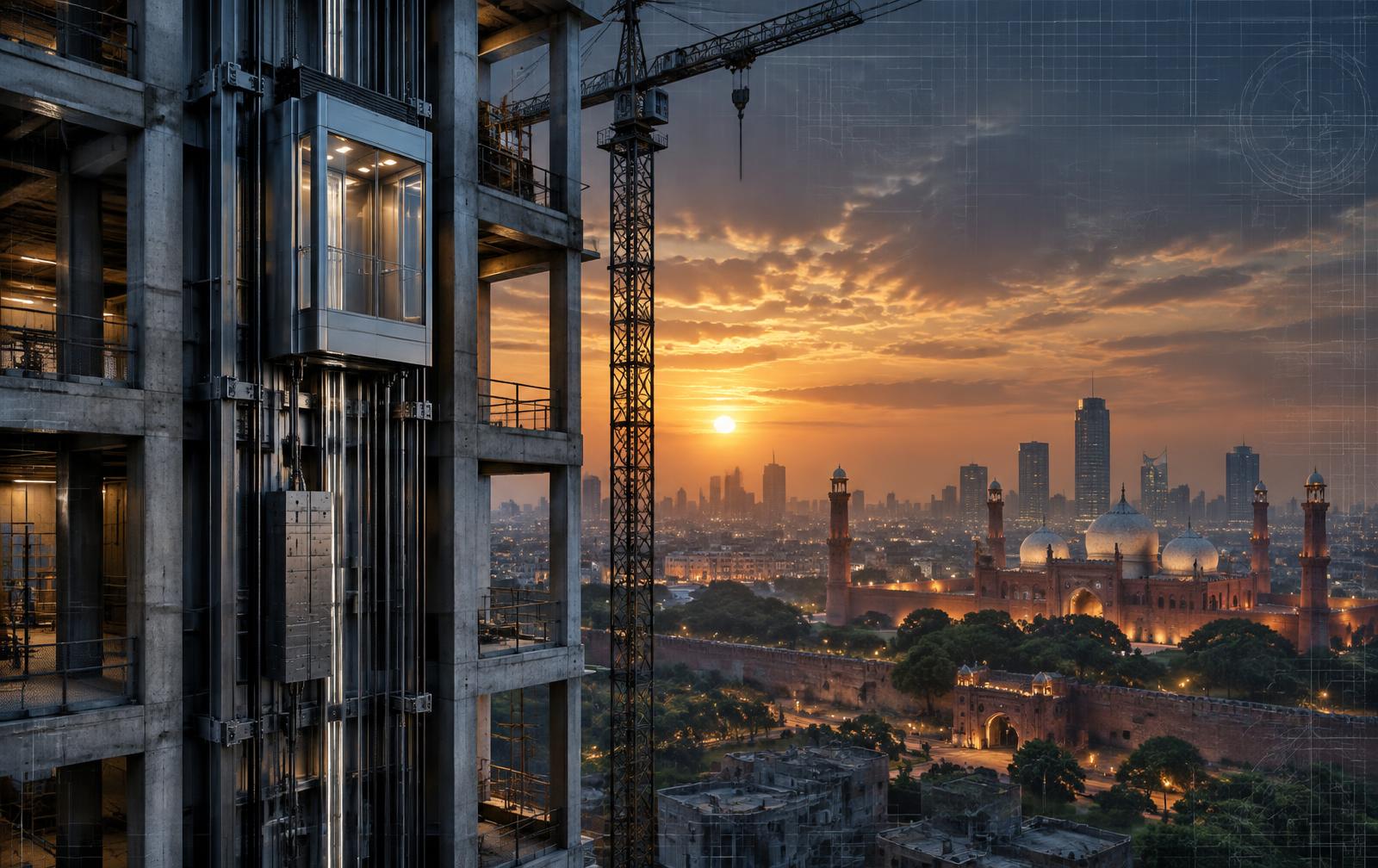 Elevator shaft under construction on a Lahore high-rise with the Badshahi Mosque and Lahore skyline at sunset — Liftech Global Elevators & Escalators