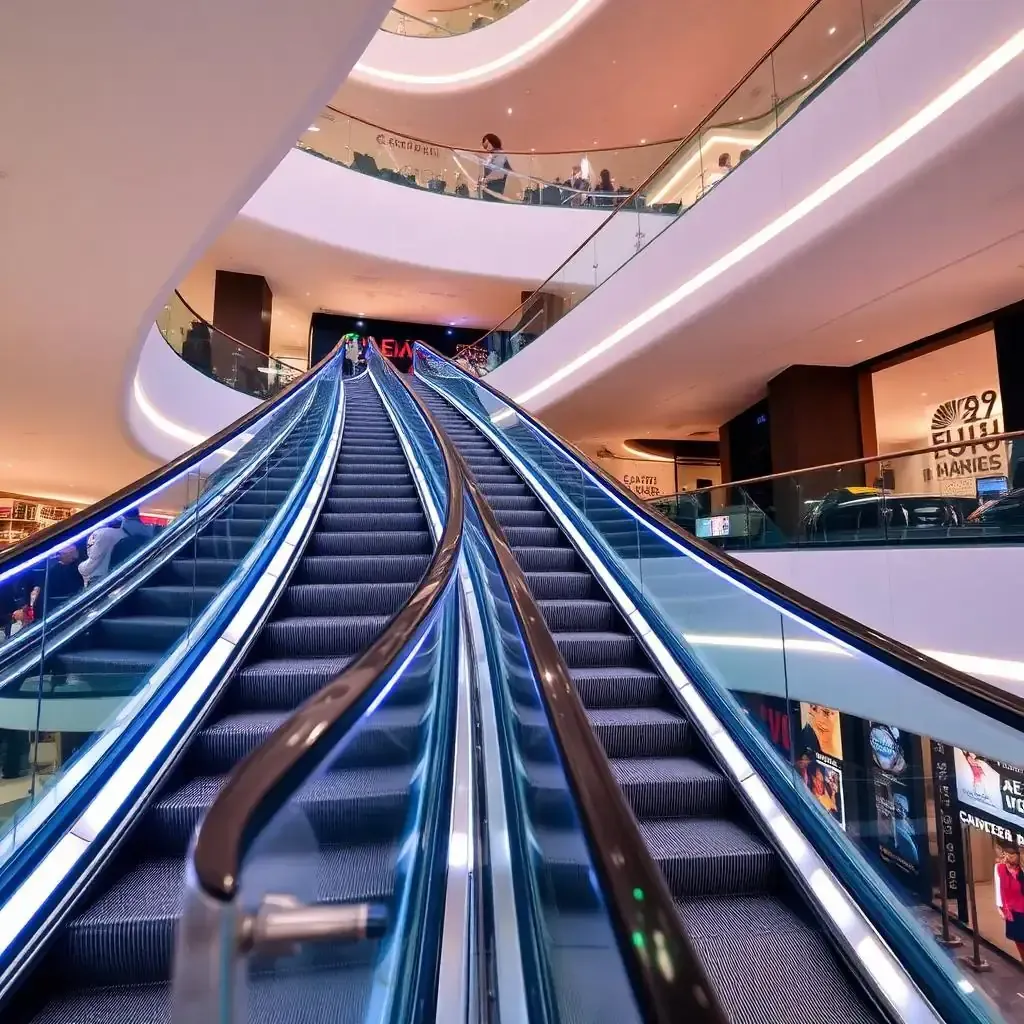 Airport escalator with stainless steel skirt panels