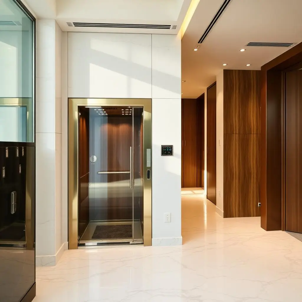 Home elevator cabin with brushed stainless steel and LED lighting
