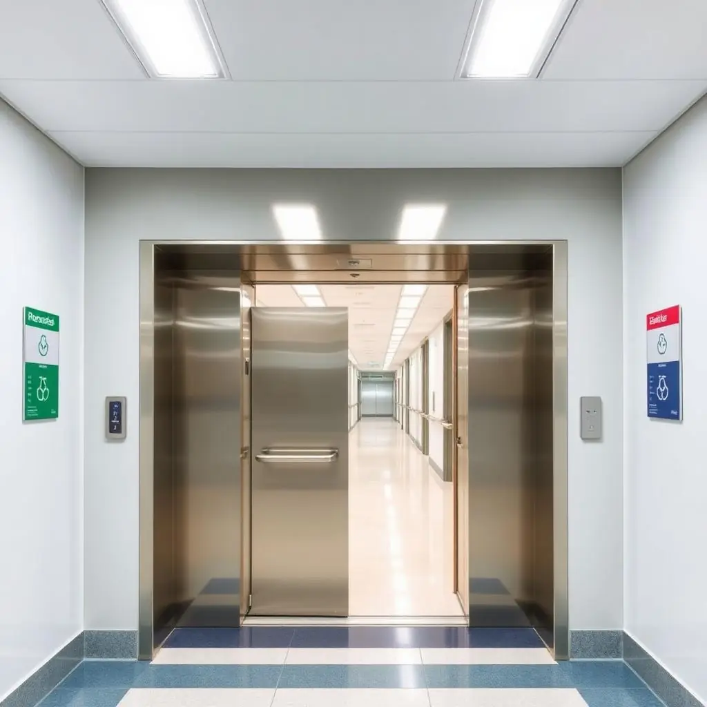 Modern hospital elevator lobby with wide stainless steel doors