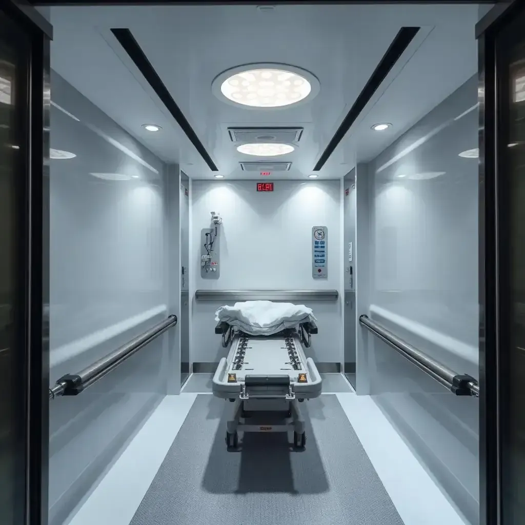 Medical staff transporting patient in hospital lift