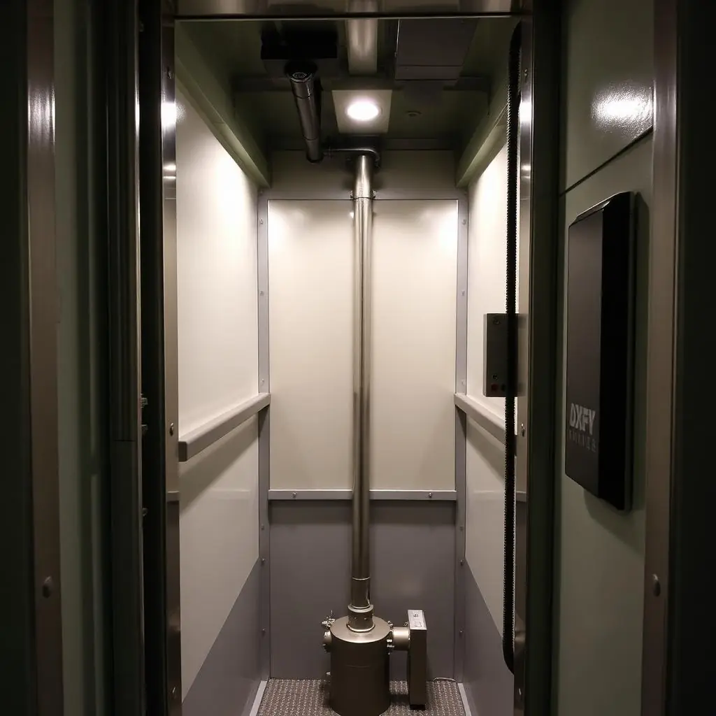 Hydraulic elevator ram and guide rails inside a shaft