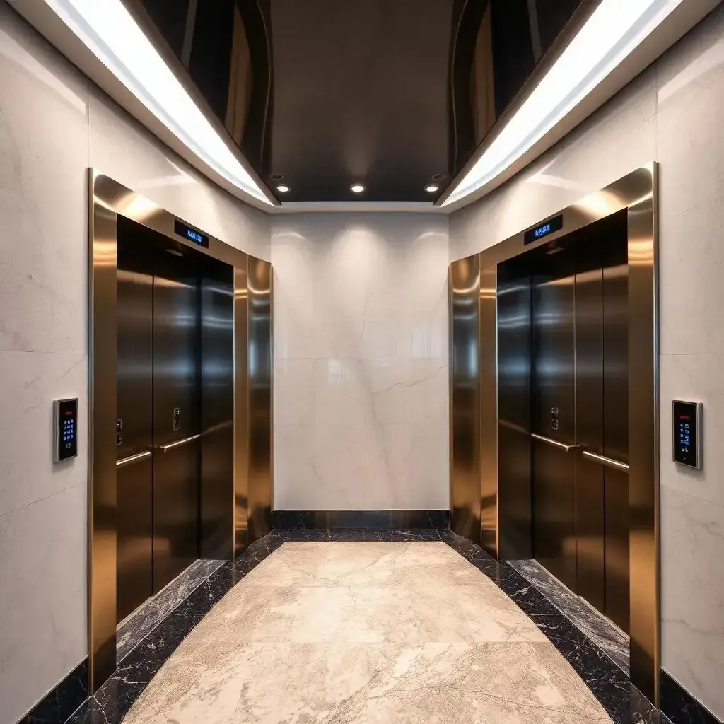 Commercial passenger elevator lobby with stainless steel doors