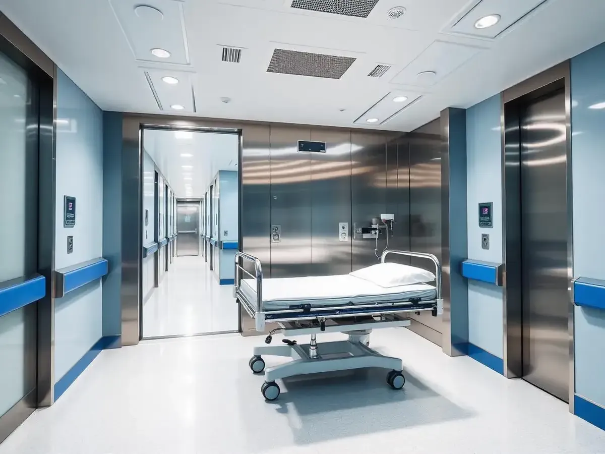 Hospital bed lift with wide stretcher door and antimicrobial stainless steel walls